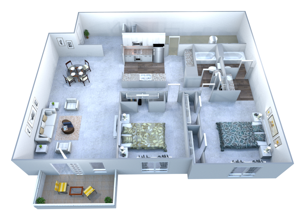 Floor plan for 2 beds, 2 baths, 1319 sqft